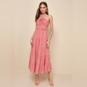 NWT// Effortless Sweetness Rusty Rose Ruched Lace-Up Tiered Midi Dress